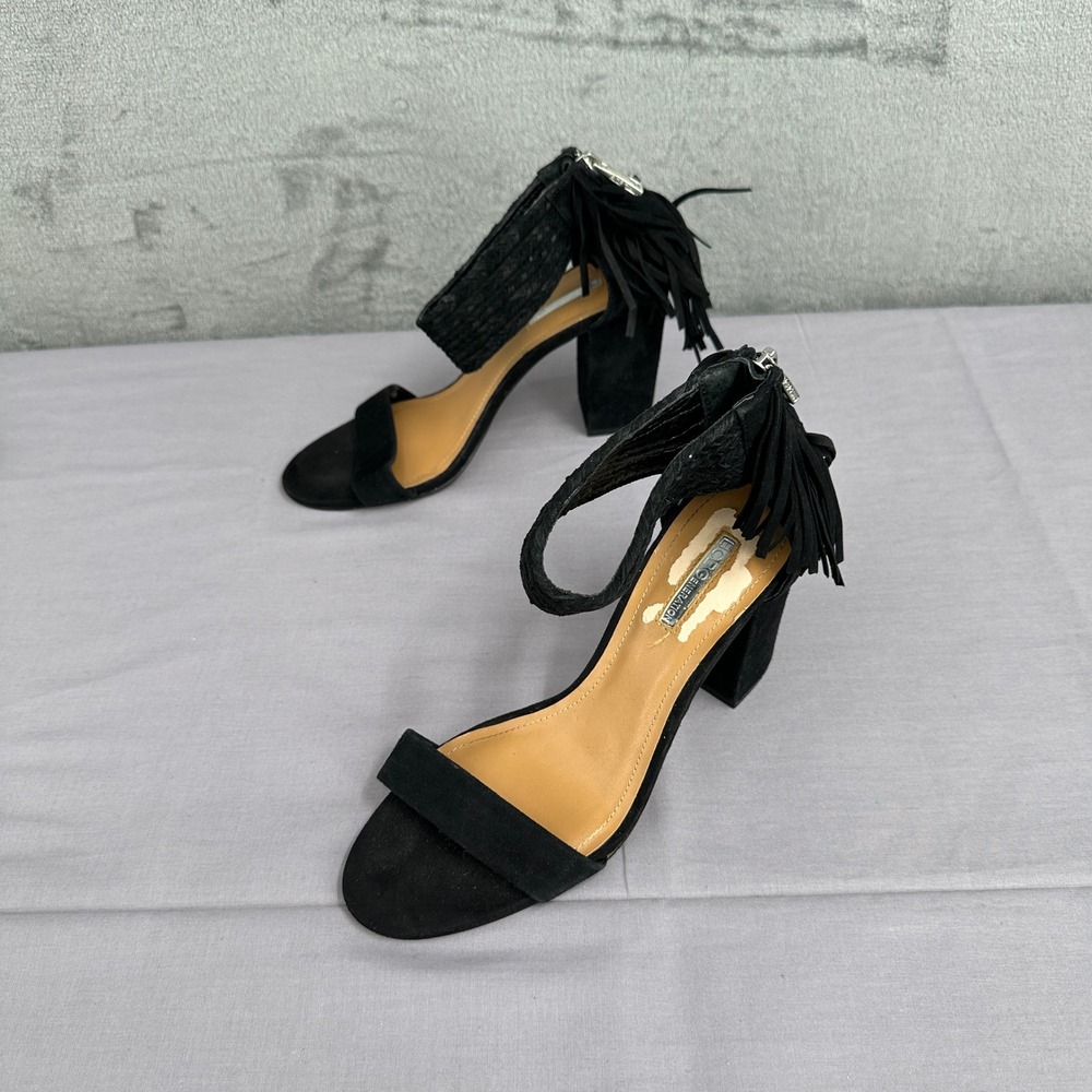 BCBGeneration Sandals Women 8.5 Black Block Heel Fringe Braided Ankle Strap Boho